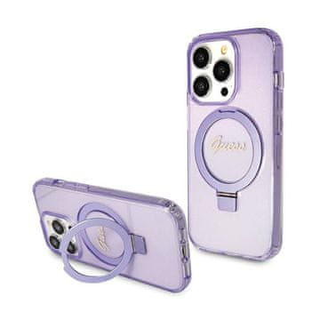 Guess stalak za prstenje s natpisom i šljokicama MagSafe - maskica za iPhone 15 Pro (ljubičasta)
