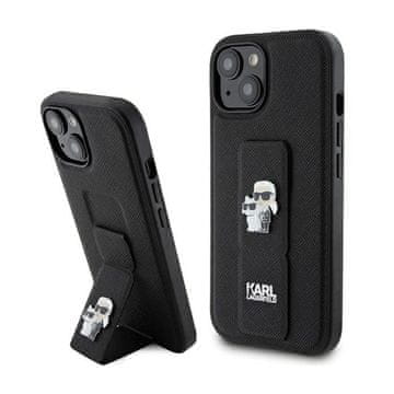 Karl Lagerfeld Gripstand Saffiano Karl & Choupette Pins - Futrola za iPhone 15 Plus (Crna)