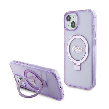 Guess stalak za prstenje s natpisom i šljokicama MagSafe - maskica za iPhone 15 Plus (ljubičasta)