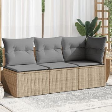Vidaxl Vrtna sofa za 3 osobe s jastucima, bež, poli ratan