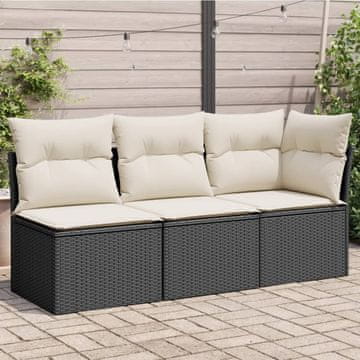 Vidaxl Vrtna sofa za 3 osobe s jastucima, crna, poli ratan