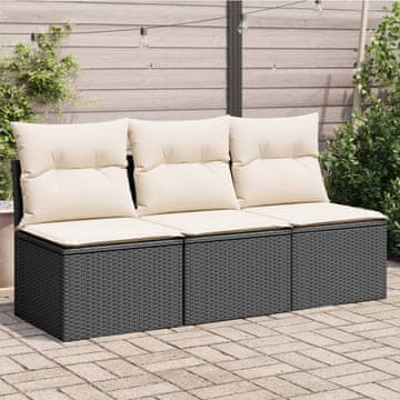 Vidaxl Vrtna sofa za 3 osobe s jastucima, crna, poli ratan