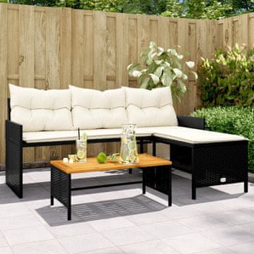 Vidaxl Vrtna kutna sofa s jastucima i stolom, PE ratan, crna