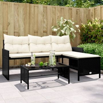 Vidaxl Vrtna kutna sofa s jastucima i stolom, PE ratan, crna