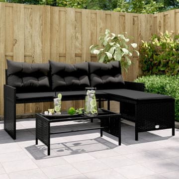 Vidaxl Vrtna kutna sofa s jastucima i stolom, PE ratan, crna