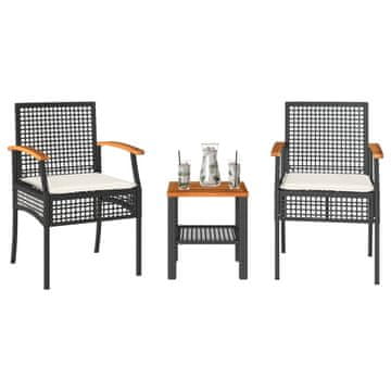 Vidaxl Bistro set od 3 dijela s jastucima, crni PE ratan i akacija