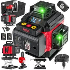 RED TECHNIC Punjivi LCD 4D 16-linijski zeleni građevinski laserski nivelir 2x 3500mAh + daljinski upravljač