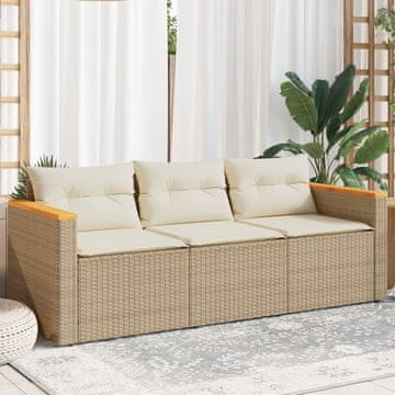 Vidaxl Vrtna sofa za 3 osobe s jastucima, bež, poli ratan