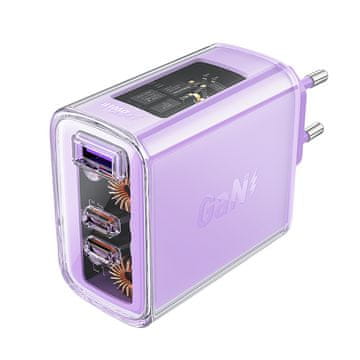 AceFast Acefast GaN 65W punjač s 3 priključka (USB, 2xUSB C) - ljubičasti (A45)