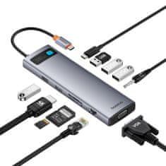 BASEUS 11u1 HUB adapter USB-C na USB-C PD 4x USB HDMI VGA AUX RJ45 SD TF sivi