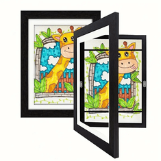 HOME & MARKER® Okvir za dječje crteže i fotografije, zidni drveni okvir s pohranom za A4 radove (33x24 cm) | FRAMELET, crna