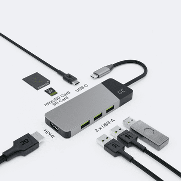 slomart GREEN CELL HUB USB-C GC CONNECT 7W1 (3xUSB 3.1, HDMI 4K 60Hz, USB-C PD 85W, microSD/SD), srebrni