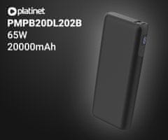 Platinet PMPB20DL202B powerbank, 65 W, 20000 mAh, QC 3.0, PD 3.0, USB-A, USB-C, zaslon, crni