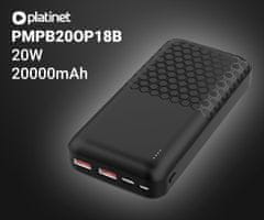 Platinet PMPB20OP18B powerbank, 20000 mAh, QC 3.0, PD 3.0, USB-A, USB-C, microUSB, crni