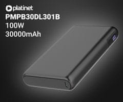 Platinet PMPB30DL301B powerbank, 100 W, 30000 mAh, QC 3.0, PD 3.0, USB-A, USB-C, zaslon, crni