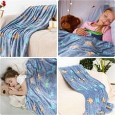 Netscroll Svjetleća dekica za djecu s motivom dinosaura, dekica koja svijetli u mraku, plave boje, mekana i topla, svijetli u mraku, 150x100 cm, idealna za poklon, LuminousBlanket
