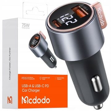 Mcdodo MOĆNI BRZI AUTO PUNJAČ S 2X USB MJERAČEM USB-C 75W LED