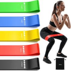 Netscroll Set od 5 elastičnih traka za vježbanje, različite razine otpora, mekana i izdržljiva guma, fitness trake set, trake za pilates i jogu, torbica, SportStar 