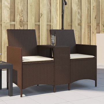Vidaxl Vrtna sofa za 2 osobe sa stolom i jastucima, smeđa, PE ratan