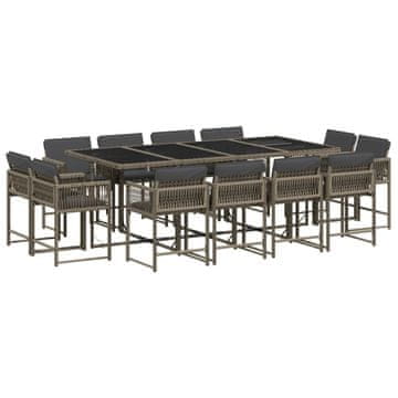 Vidaxl 13-dijelni vrtni blagovaonski set s jastucima poliratan sivi