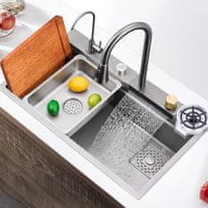 Netscroll Višenamjenski sudoper SinkLux, srebrni, od nehrđajućeg čelika, s izvlačnom pipom, 3 načina mlaza, ispiračem čaša, dozatorom sapuna, daskom i dodatnim posudama, SinkLux, srebrna