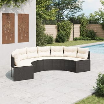 Vidaxl Polukružna vrtna sofa s jastucima, crni PE ratan