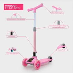 JOJOY® Dječji skuter romobil s LED svjetlima, stabilan i siguran trotinet na tri kotača za djecu od 3 godine | FLASHRIDE, roza