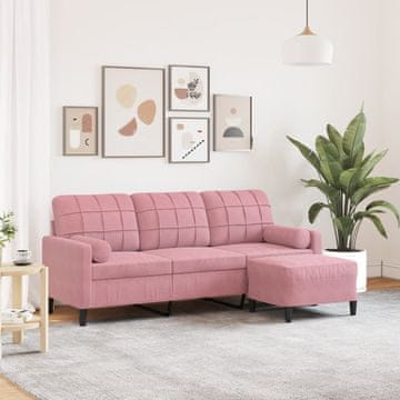 Vidaxl Trosjed s podnožjem, roza, 180 cm, baršun