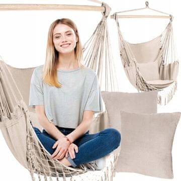 Malatec Brazilska viseća stolica mrežasta ljuljačka 125x97cm do 120kg bež + 2 jastuka