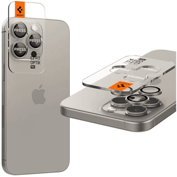 Spigen OPTIK PRO GLAS.TR EZ FIT ZAŠTITNE FUTROLE ZA KAMERU, 2 KOMADA ZA IPHONE 14 PRO / PRO MAX / 15 PRO / PRO MAX / 16 PRO / PRO MAX, PRIRODNI TITAN