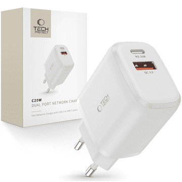 Tech-protect C20W MREŽNI PUNJAČ S 2 PRIKLJUČKA PD20W/QC3.0 BIJELI