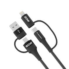 WOZINSKY 4u1 Univerzalni kabel 2x USB-C 1x USB-A 1x Lightning 60W 1m Crni