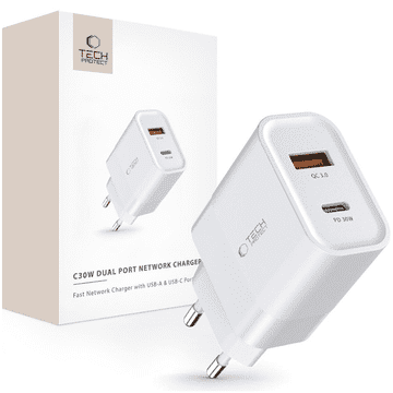 Tech-protect C30W MREŽNI PUNJAČ S 2 PRIKLJUČKA PD30W/QC3.0 BIJELI