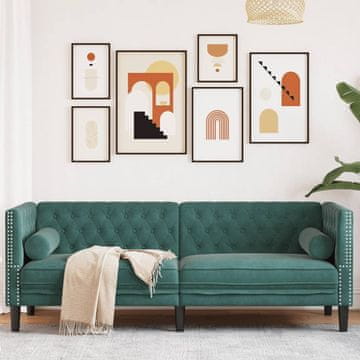 Vidaxl Chesterfield sofa s jastucima, trosjed, tamnozelena, baršun