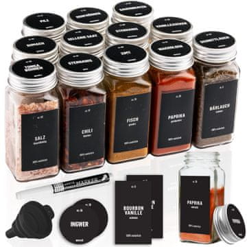 Deco Haus  Deco Haus – Komplet za začine s naljepnicama, lijevkom, četkom za čišćenje, olovkom – Prazne staklene posude za pohranu i dozator 120 ml, 10,5 x 4,3 cm