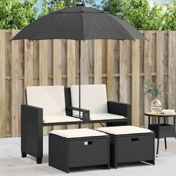 Vidaxl Vrtna sofa za 2 osobe sa suncobranom i stolicama, crna, poli ratan