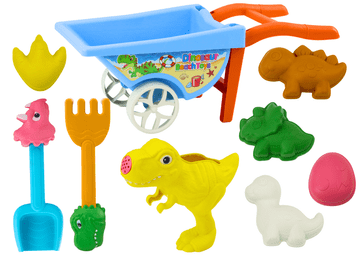 slomart LEAN TOYS Set za pijesak s dinosaurusima: kolica, kanta za zalijevanje, 6 kalupa, lopatica, grablje