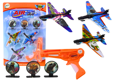 slomart Pištolj lansirni za avione LEAN TOYS, 3 aviona, 3 mete narančasti