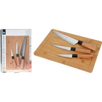 Excellent Houseware Set od 4 bambusova kuhinjska noža s daskom za rezanje