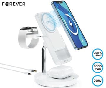 Forever MACS-100 bežična stanica za punjenje s power bankom, 5u1, bijela (GSM173083)