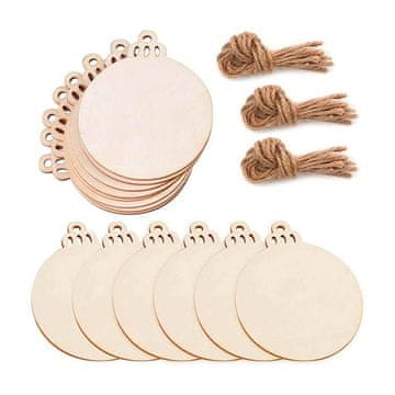 Netscroll Komplet 30 drvenih božićnih ukrasa za DIY ukrašavanje, neobojeni drveni krugovi s rupama i jutenim vrpcama, idealni za izradu personaliziranih dekoracija, Ornaments