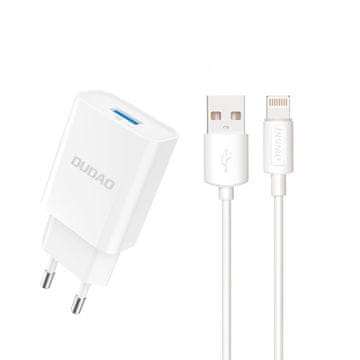 DUDAO 10W USB-A ZIDNI PUNJAČ S IPHONE USB-A LIGHTNING KABELOM BIJELI