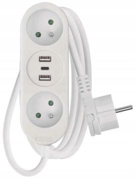 EMOS Bijeli produžni kabel 2 utičnice + 2xUSB A + USB C 2m