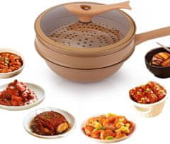 Netscroll Višenamjenska wok tava s poklopcem i košarom za paru, neprianjajući premaz, aluminijska, 32 cm, za indukciju, prženje i kuhanje na pari, Wok
