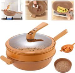Netscroll Višenamjenska wok tava s poklopcem i košarom za paru, neprianjajući premaz, aluminijska, 32 cm, za indukciju, prženje i kuhanje na pari, Wok