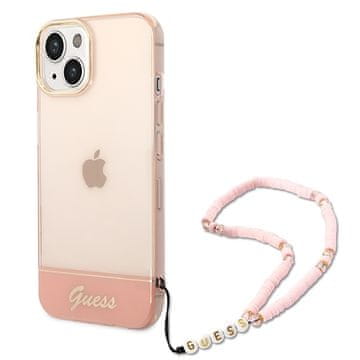 Guess iPhone 14 Plus tvrda futrola prozirni biserni remen ružičaste boje