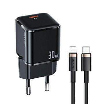USAMS 30W Power Delivery USB-C zidni punjač crni + USB-C na Lightning kabel