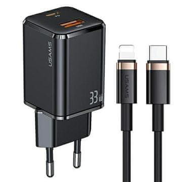 USAMS mrežni punjač 1xUSB-C + 1xUSB T43 33WPD3.0 + QC3.0 + U63 USB-C na Lightning kabel crni/crni USKTZ01