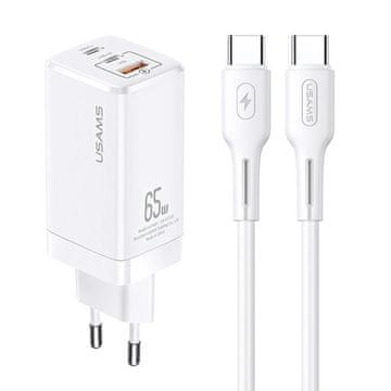 USAMS punjač MT 2xUSB-C + USB GaN 65WT33 PD + USB-C-USB-C 100W kabel za brzo punjenje bijelo/bijelo MTXLOGTC02