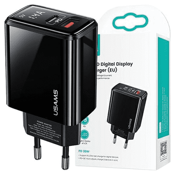 USAMS USAMS punjač 1xUSB-C+1xUSB T40 20WLED (samo glava) PD3.0+QC3.0 brzo punjenje crni/black CC133TC01 (US-CC133)